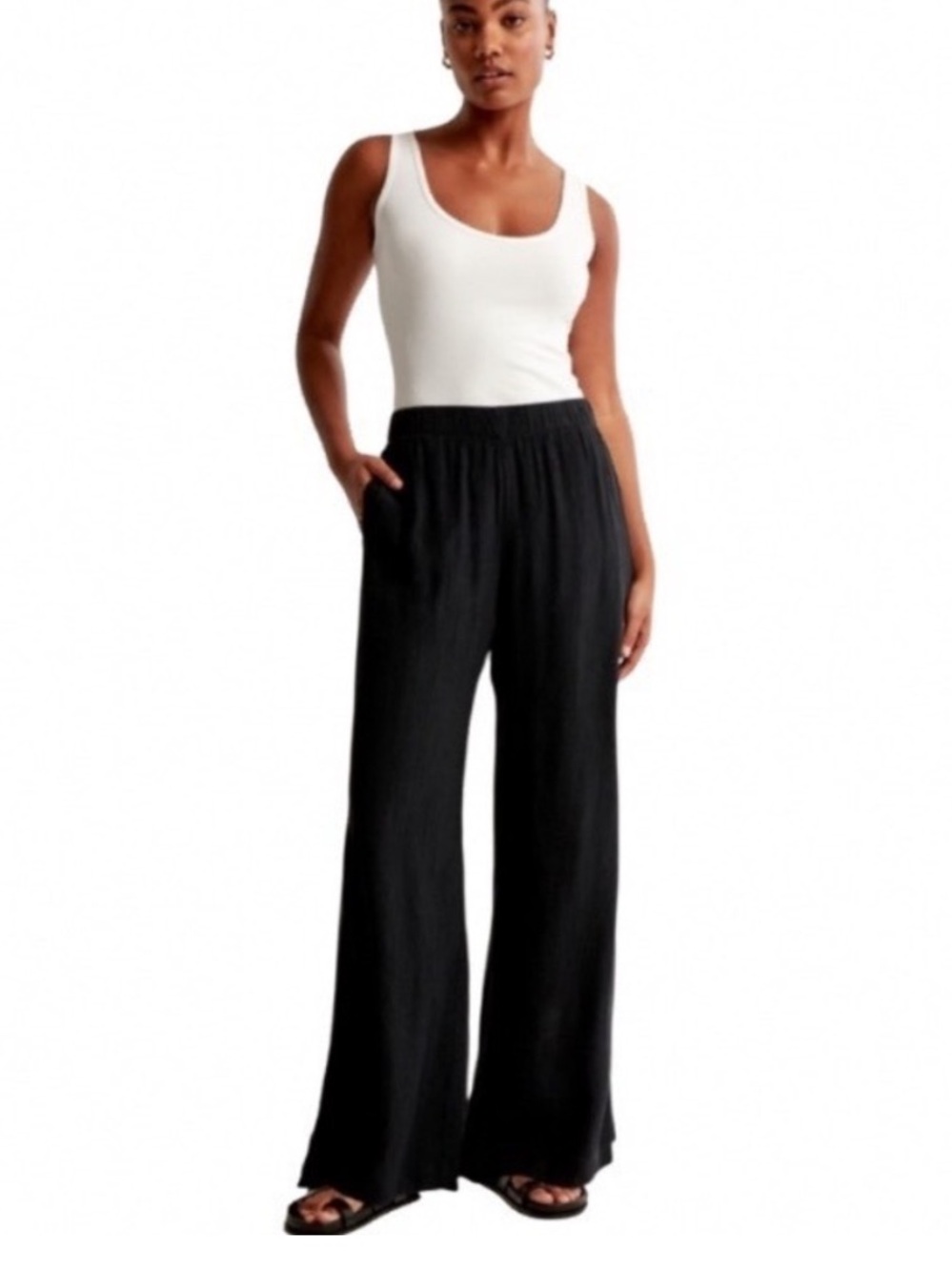 Abercrombie Black Crinkle Textured Wide Leg Pants Black Size Medium Long Tall